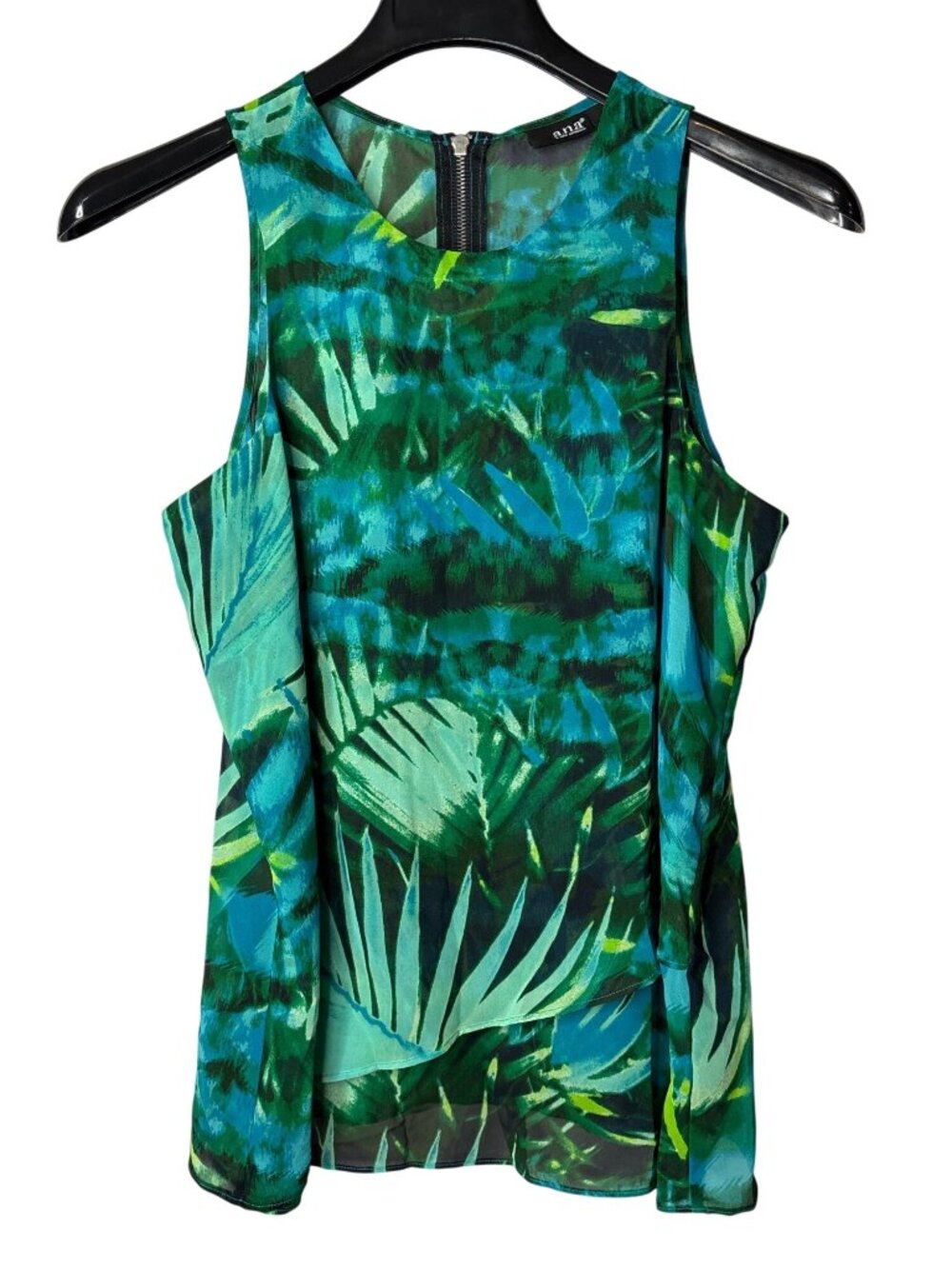 ANA A New Approach Sheer Layered Sleeveless Blouse Top Size L Tropical Leaves